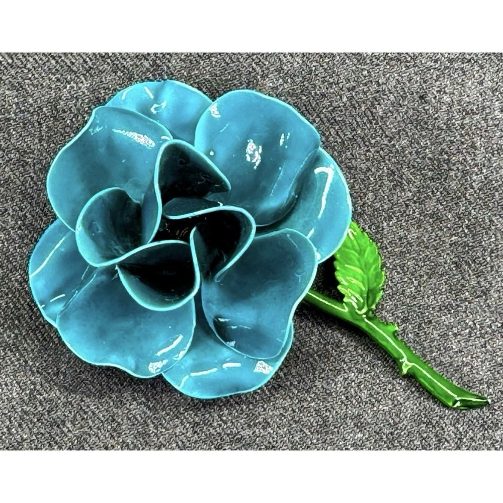 Vintage Enamel Flower Brooch Blue‎ Green 3"